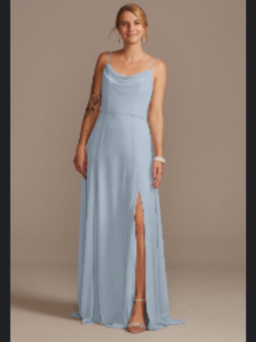 NWT David’s Bridal Cowl Neck Chiffon Bridesmaid Dress with Slit - Dusty Blue